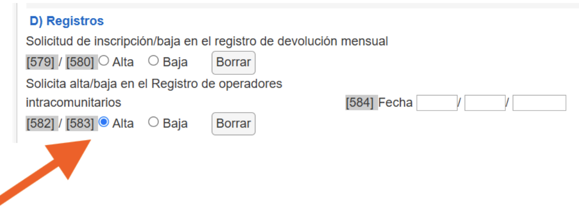 Pantalla de Hacienda del modelo 036 donde se señala la casilla 582 para el alta en el registro de operadores intracomunitarios (ROI).