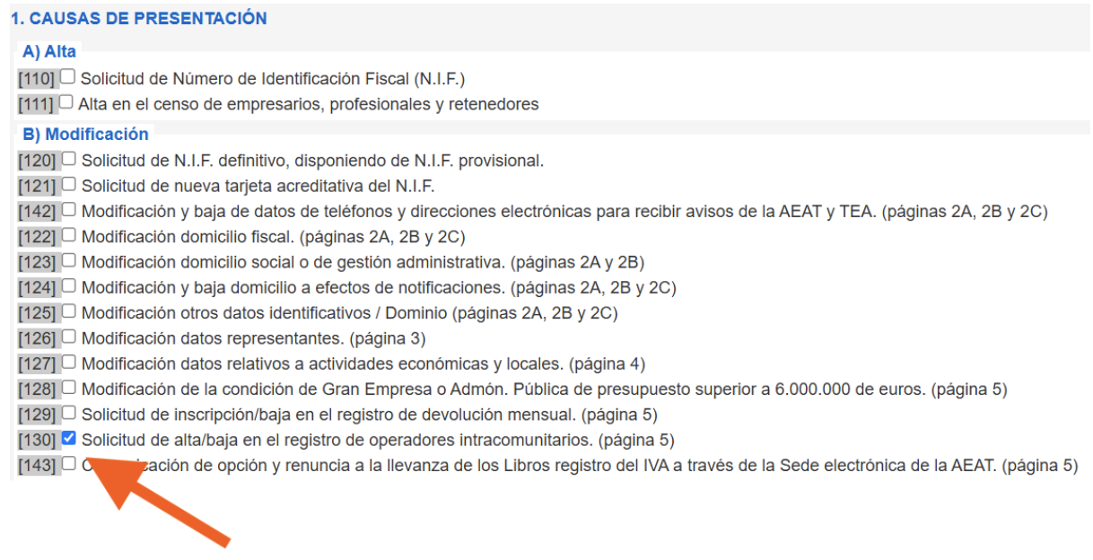 Pantalla de Hacienda donde se selecciona la casilla 130 del modelo 036 para el registro de operadores intracomunitarios.