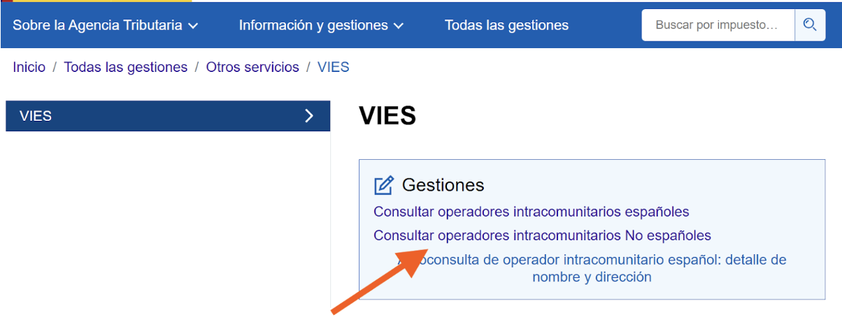 Pantalla de Hacienda donde se señala el acceso al censo VIES para el registro de operadores intracomunitarios No españoles.