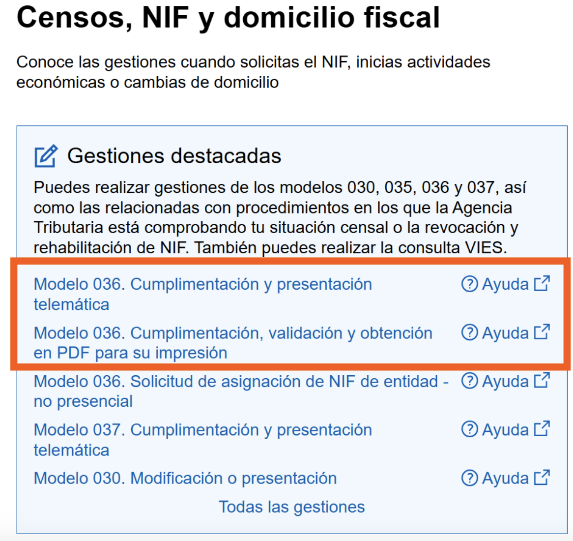 Pantalla de Hacienda donde se muestra el modelo 036 para iniciar con el proceso de registro de operadores intracomunitarios.