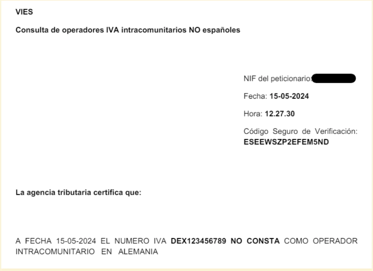 Certificado digital por correcto registro de operador intracomunicatorio no español.