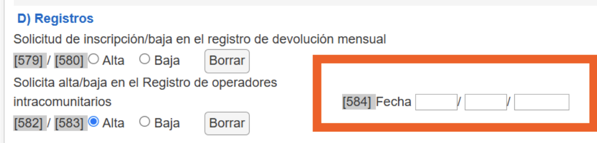 Pantalla de Hacienda del modelo 036 donde se debe registrar la fecha estimada de la primera operación intracomunitaria en la casilla 584.