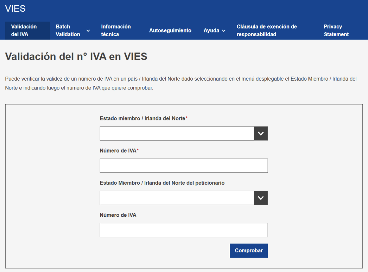 Pantalla de VIES europeo donde se realiza la consulta de los registros de operadores intracomunitarios.