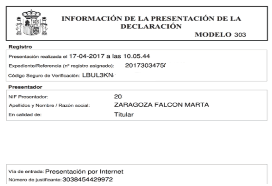 Documento de registro de presentación de la declaración de impuestos