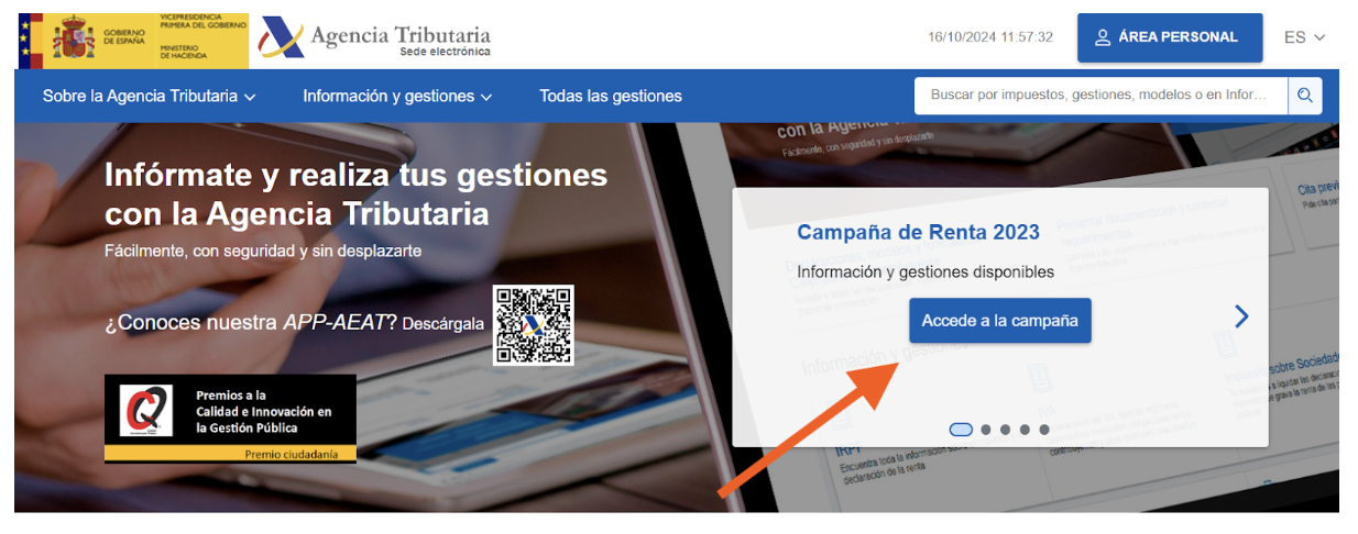 Pantalla de la Agencia tributaria donde se señala el botón de acceso directo