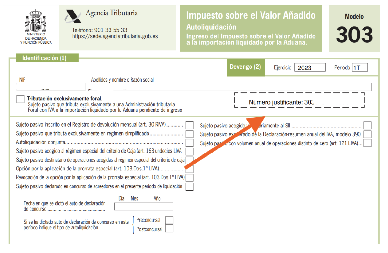 Pantalla de la agencia tributaria donde se muestra el modelo 303 donde se señala el número justificante agencia tributaria