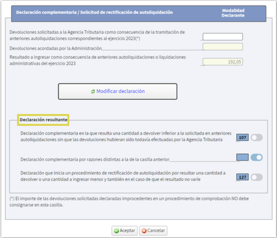 Pantalla de declaración complementaria por razones distintas.