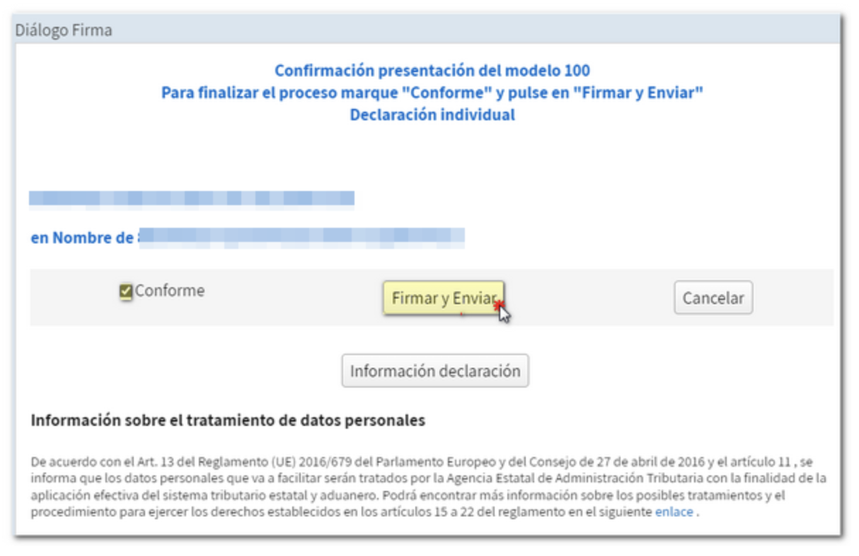 Pantalla donde solicita marcar la casilla Conforme y clicar sobre Firmar y Enviar para finalizar el proceso de declaración complementaria.
