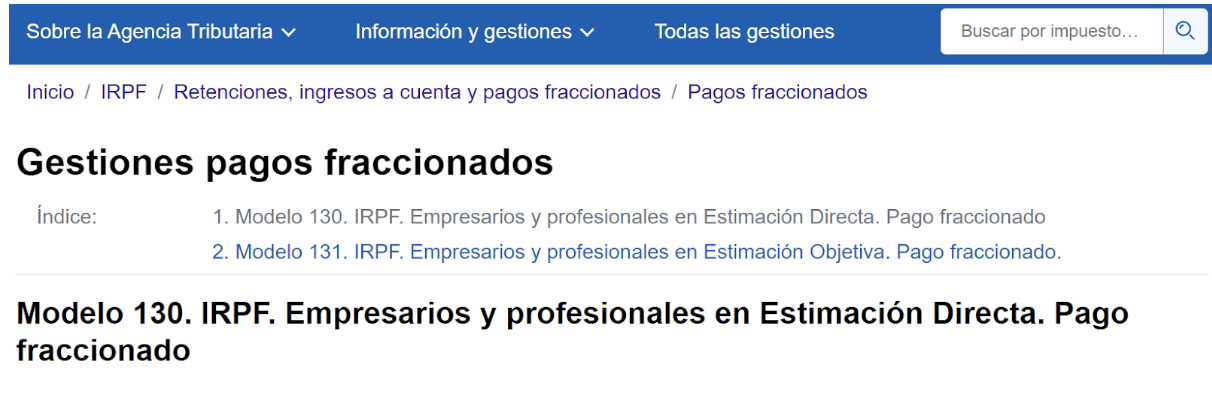 Pantalla de la Agencia Tributaria donde se señala el acceso al modelo 130 para proceder con las gestiones del pago fraccionado