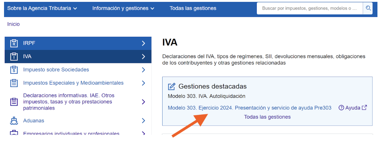 Pantalla de la Agencia Tributaria donde se señala el botón para acceder al modelo 303.