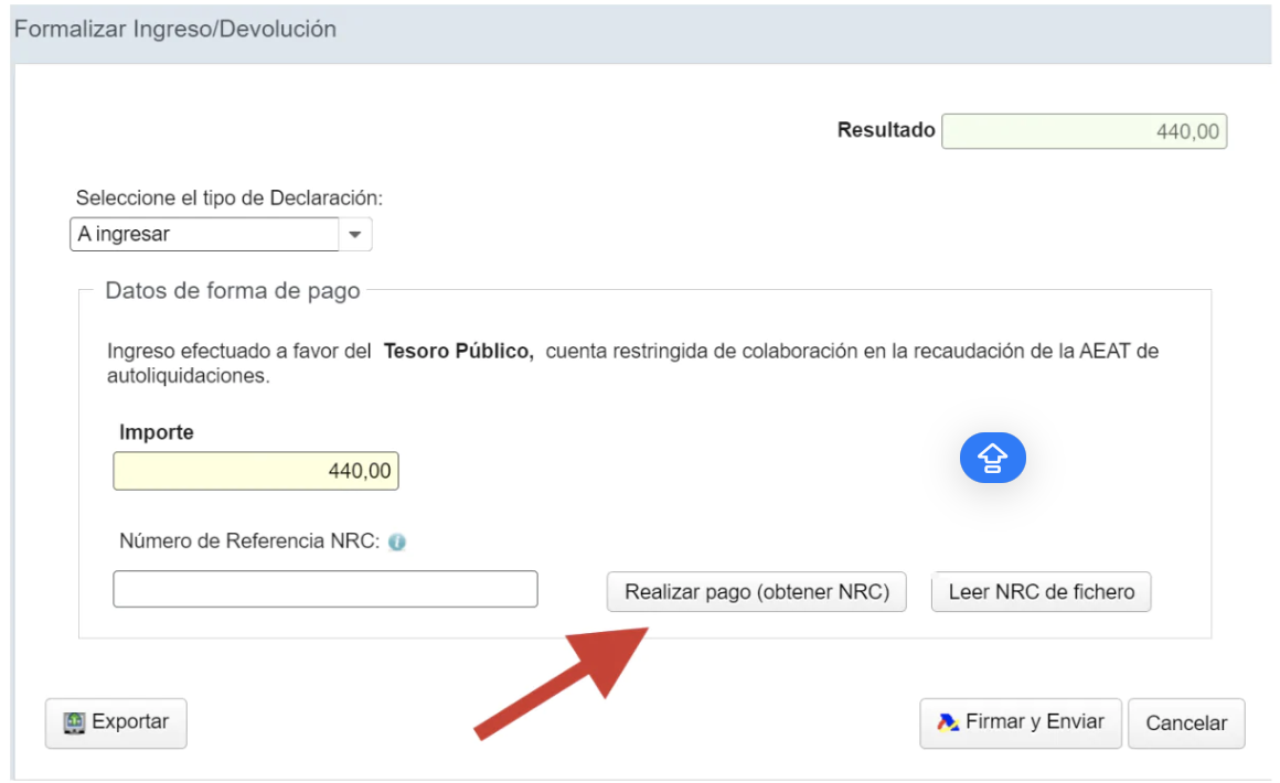 Pantalla de Formalizar Ingreso/Devolución donde se señala la pasarela de pago online o electrónico con el código NRC