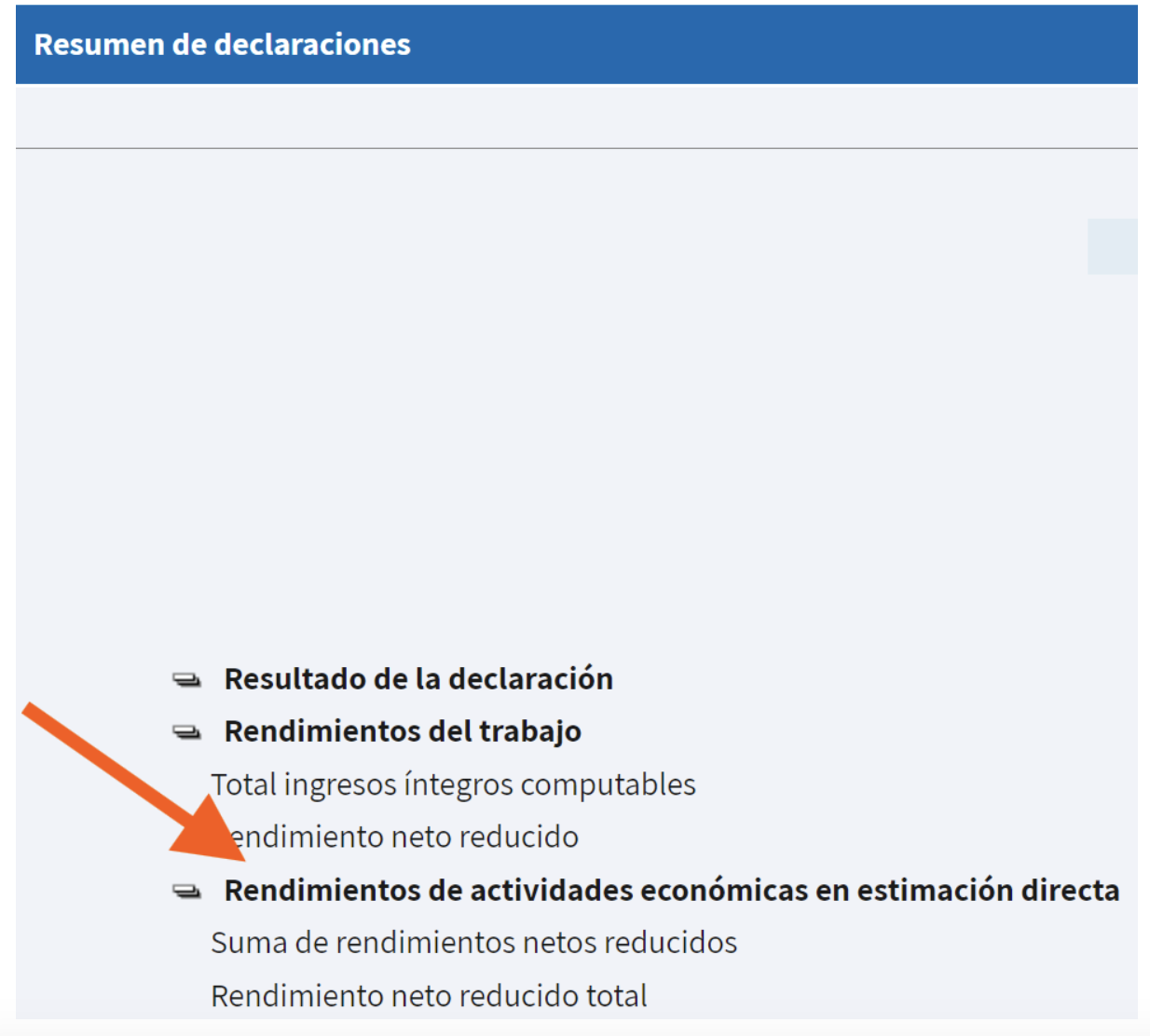 Pantalla de la Agencia tributaria donde se señala la sección de rendimientos de actividades económicas para el proceso de declaración de renta complementaria.