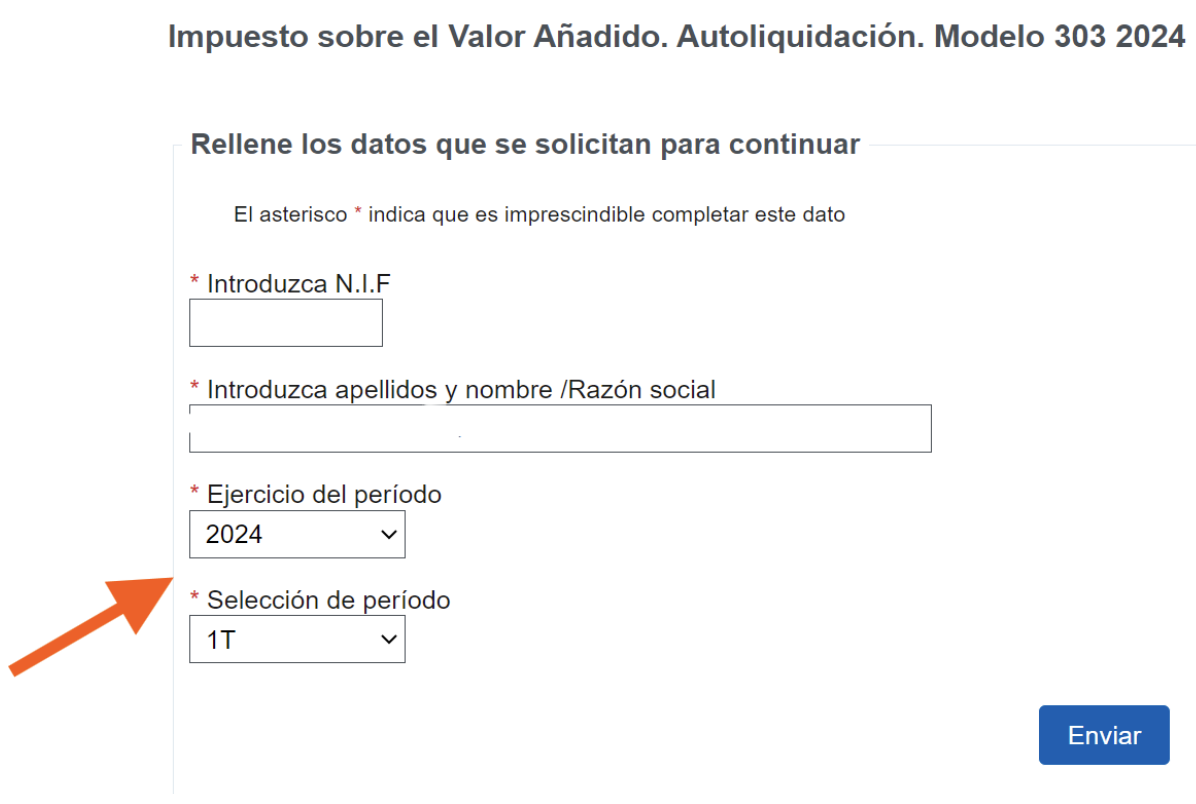 Pantalla del modelo 303 donde se señala el periodo de tiempo que se desea cambiar
