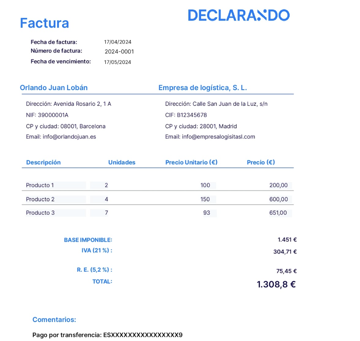 Ejemplo de Factura con recargo de equivalencia de Declarando