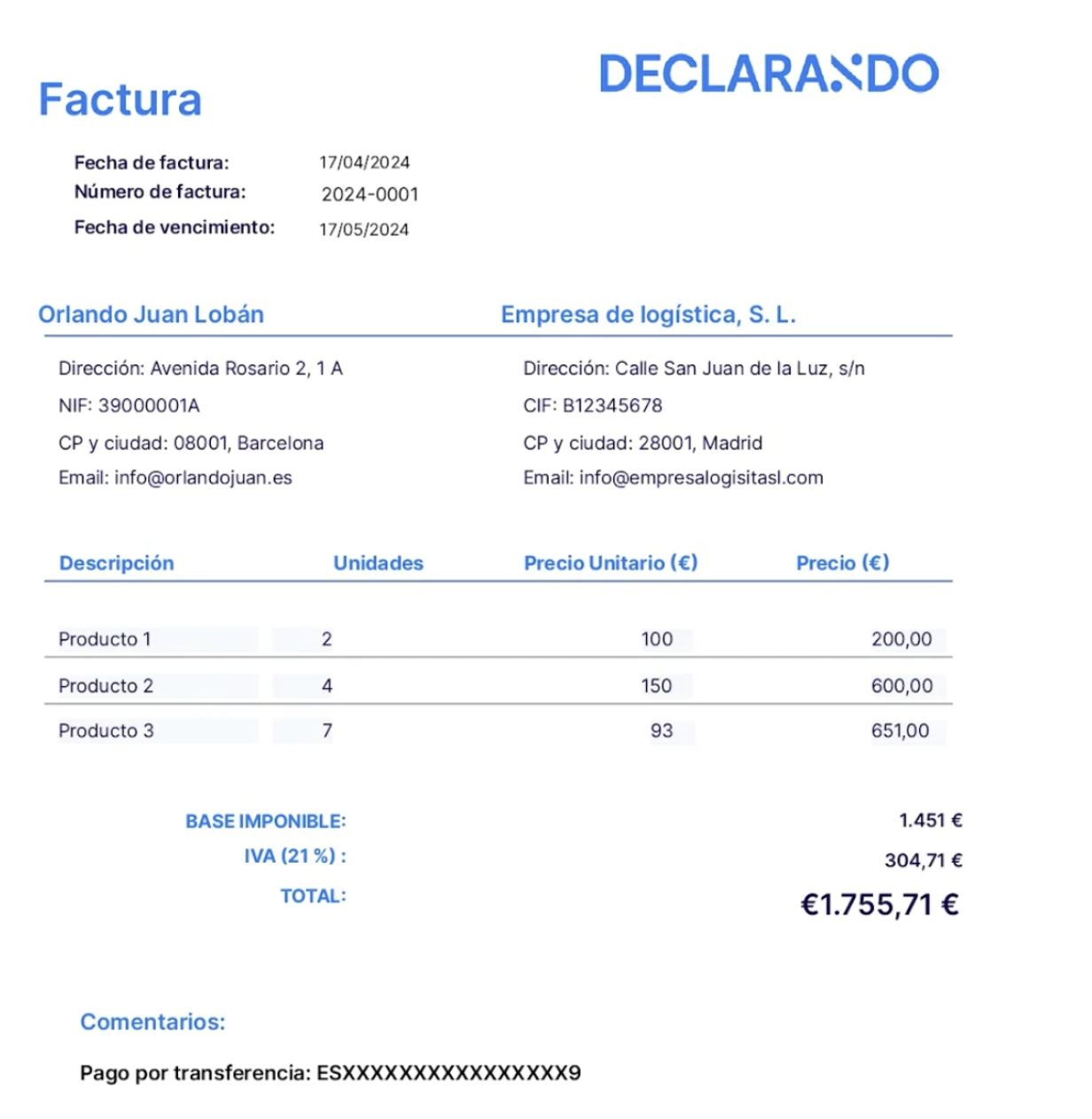 Factura declarando el IVA como autónomo