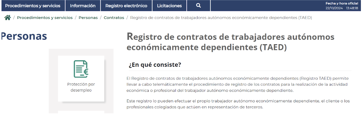 Pantalla de la web SEPE donde el autónomo dependiente del trade debe registrarse.