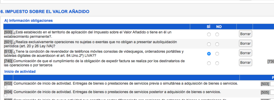 Pantalla de la Agencia Tributaria donde se muestra la casilla 513 del modelo 036 para informar sobre la situación de revendedor.