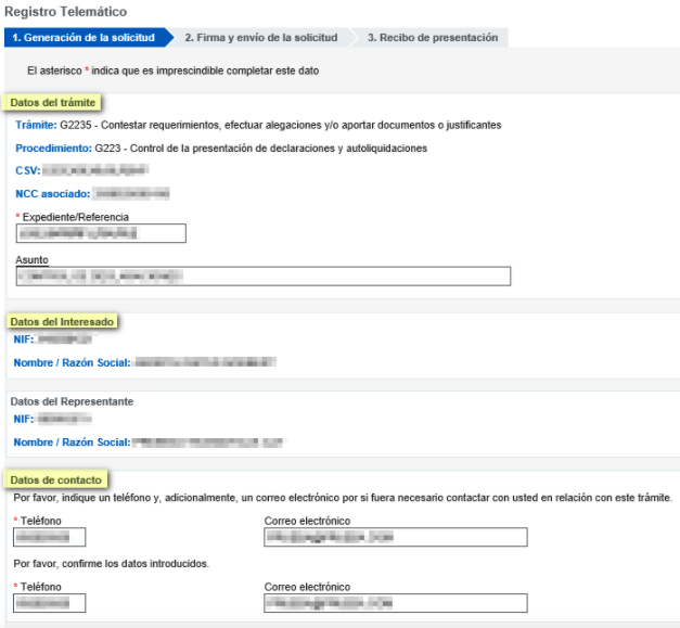 Una captura de pantalla sobre los datos que hay que rellenar en el requerimiento de Hacienda y la Seguridad Social