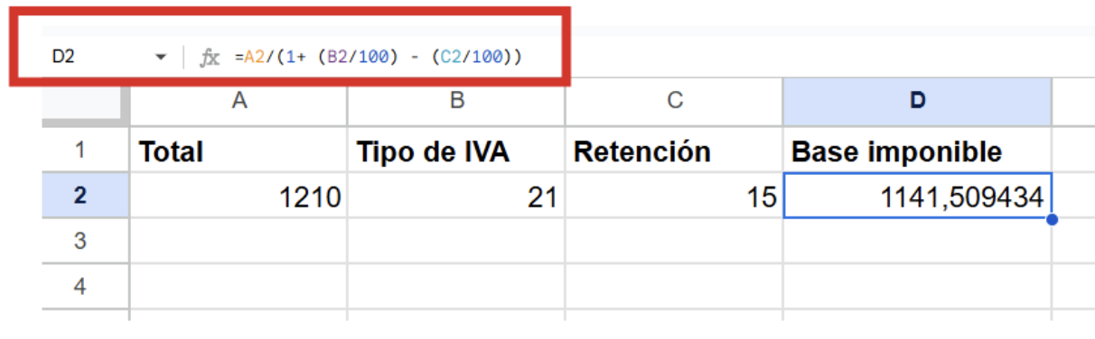 Pantalla de Excel donde se señala la nueva formula Excel para obtener la base imponible.