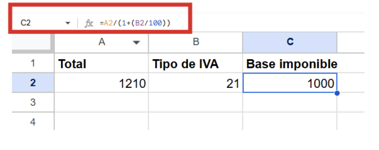 Pantalla de ejemplo de cómo el autónomo puede calcular la base imponible en Excel.