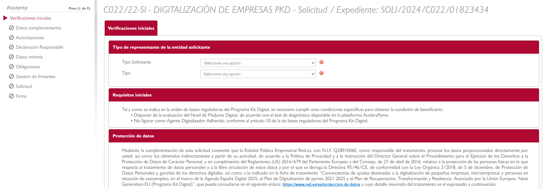 Pantalla de Red.es donde visualiza el formulario de 9 pasos que se debe completar para proceder con la solicitud del Kit Digital.