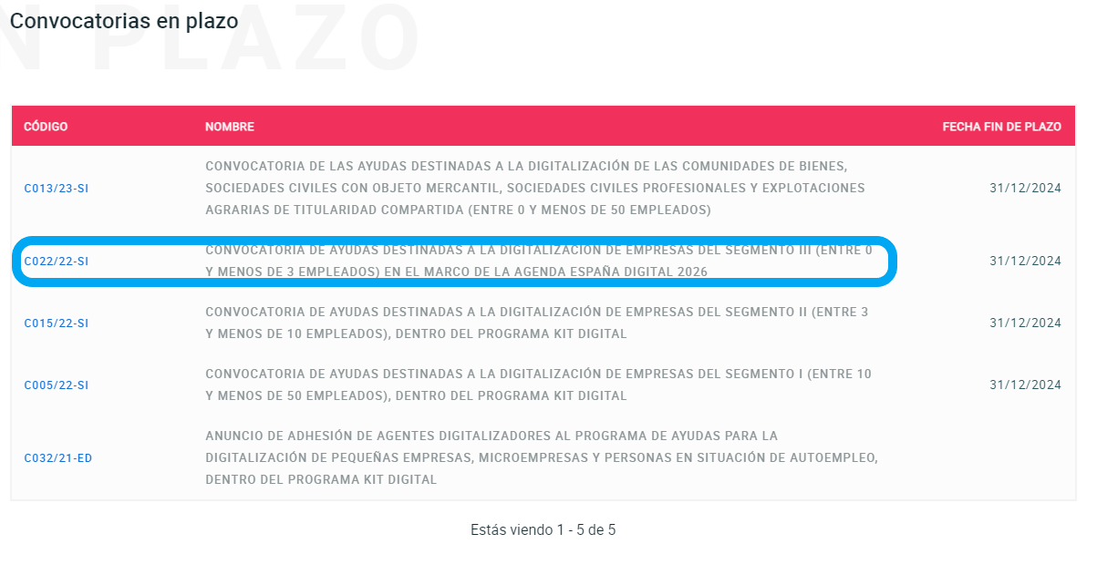 Pantalla de Red.es donde se dele seleccionar la opción con el código C022/22-SI del segmento III del Kit Digital.