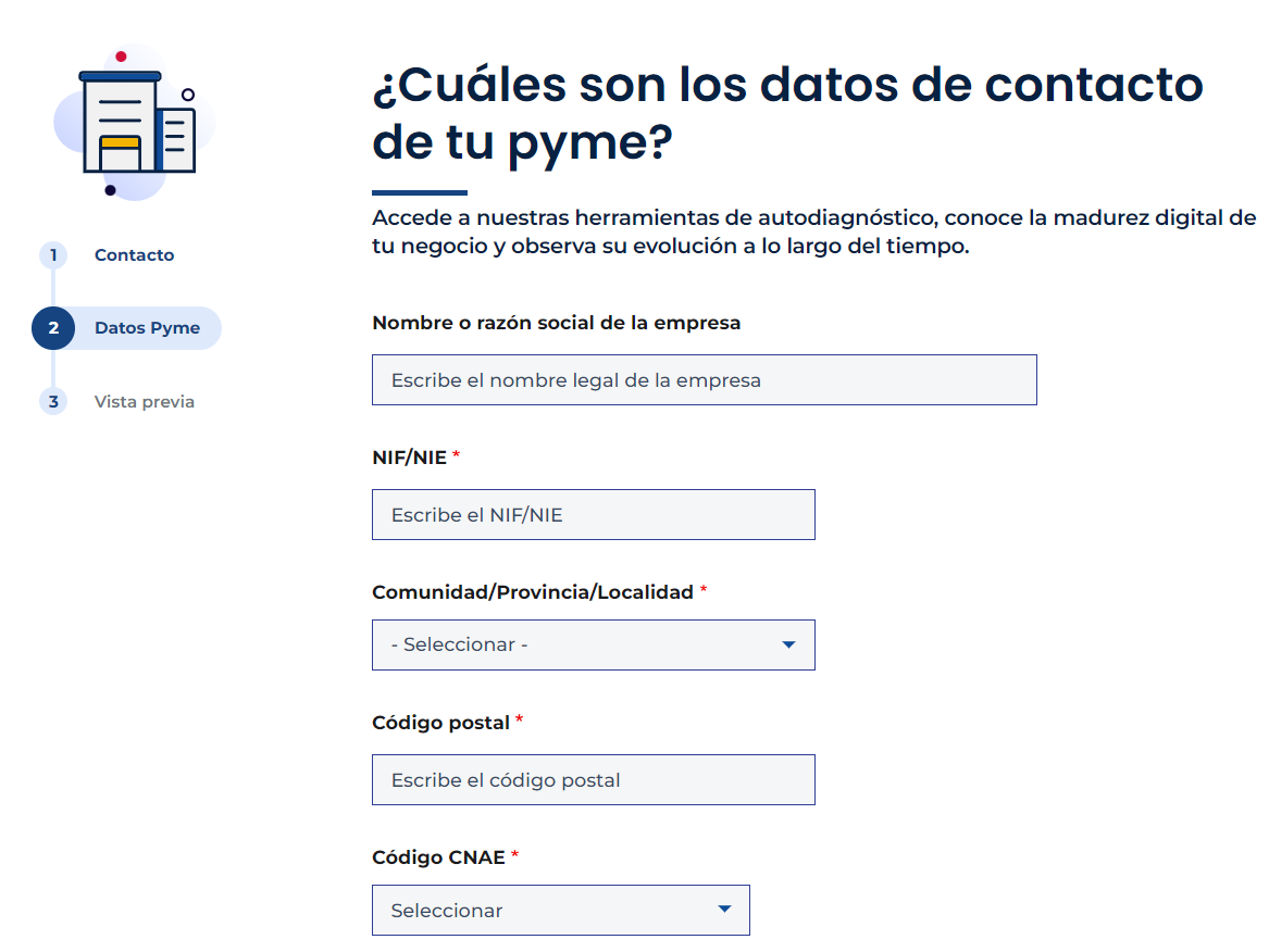 Pantalla de Acelera Pyme donde se muestra el formulario donde se debe rellenar los datos del negocio para obtener el Kit Digital.