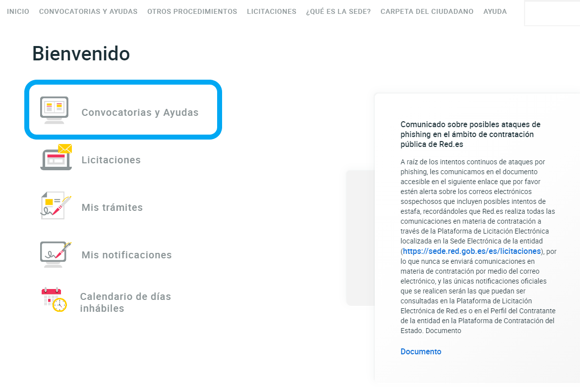 Pantalla de Red.es donde se debe clicar en