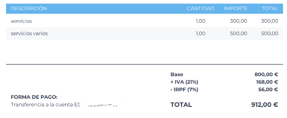 Ejemplo de una factura de autónomo con el porcentaje de IRPF señalado.