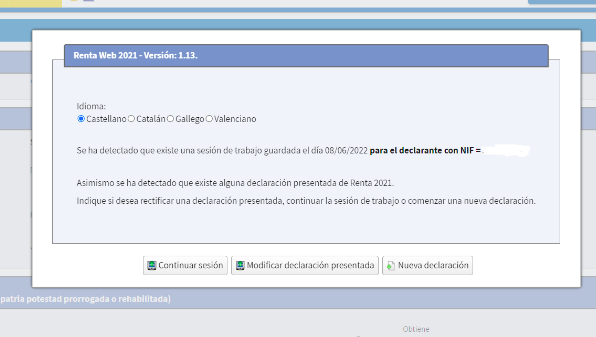 Pantalla de la renta web donde el autónomo debe hacer el trámite de modificar la declaración.
