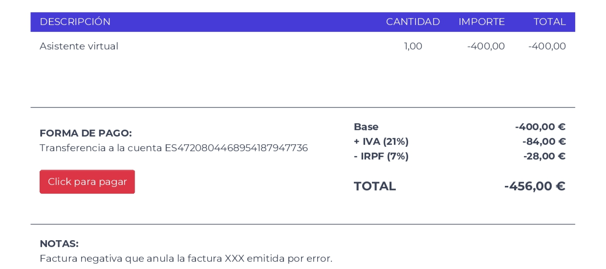 Ejemplo de una factura negativa para anular una factura emitida.