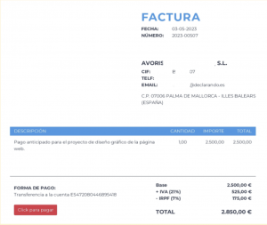 Ejemplo de factura de anticipo