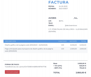 Ejemplo de factura de anticipo donde se muestra el importe total menos el importe anticipado.