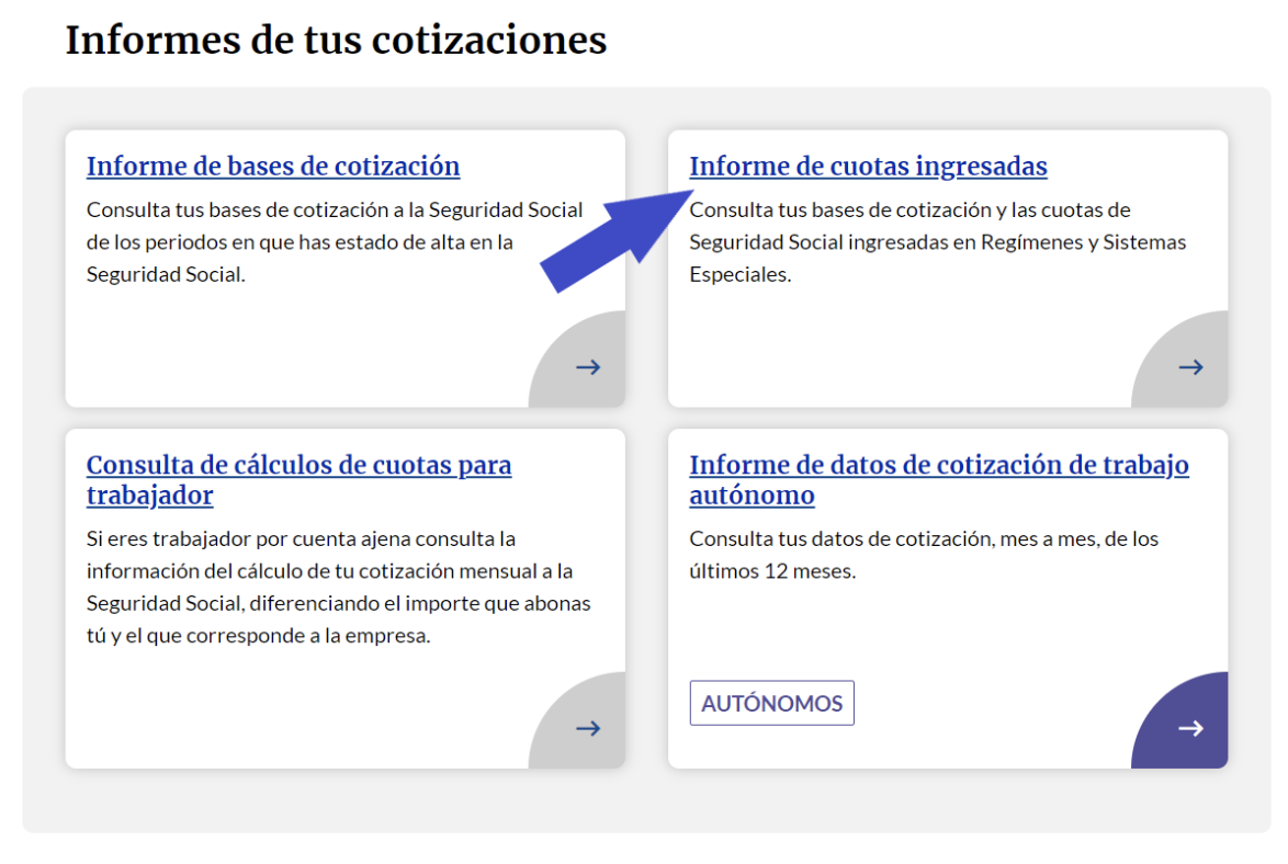 Pantalla de Importass de la Seguridad Social donde el autónomo deberá clicar