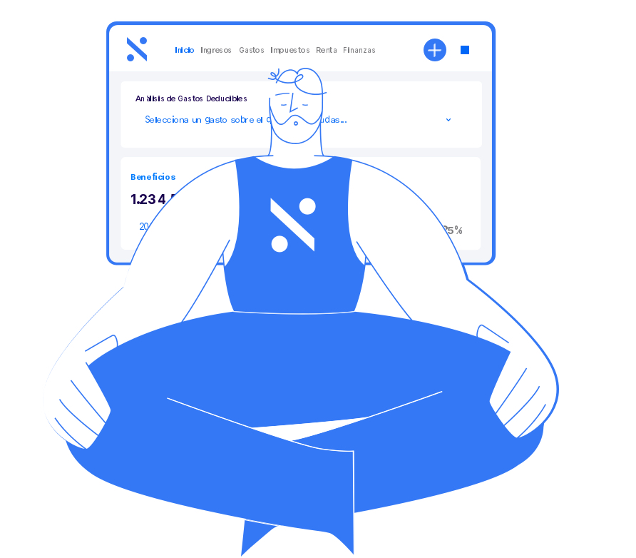 Ilustración de un autónomo meditando por que tiene la guía para ahorrar en impuestos.