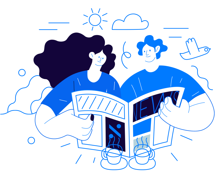 Ilustración de dos personas leyendo noticias sobre los emprendedores en el periódico