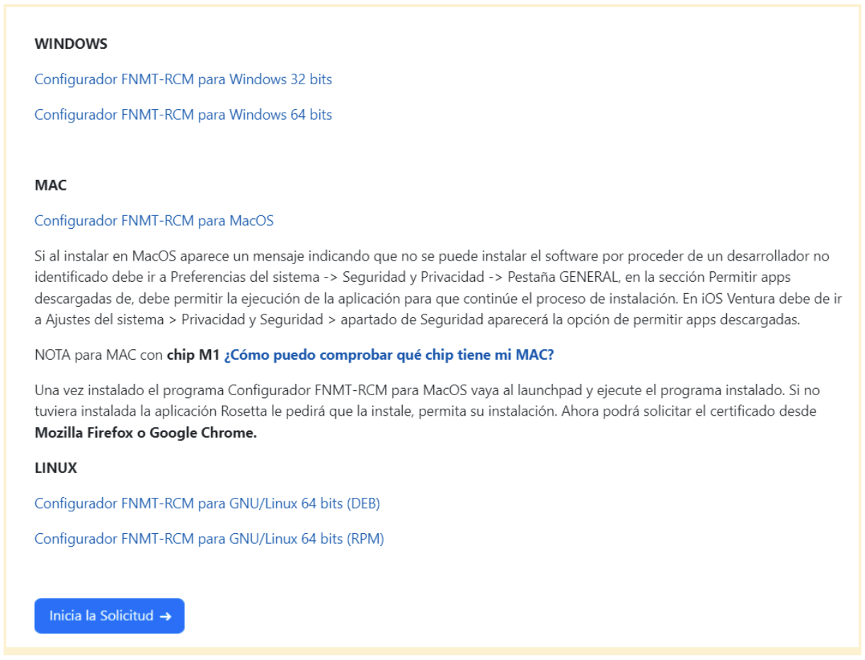 Pantalla de la página para descarga el software de generación de claves del FNM para obtener el certificado digital