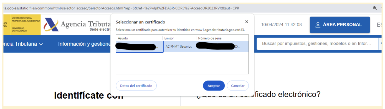 Pantalla de la sede electrónica de la agencia tributaria donde se muestra el número de serie del certificado digital