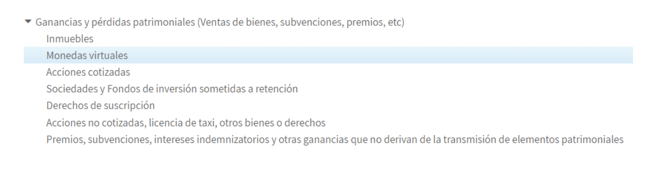 Pantalla que muestra la opción que debe seleccionar el autónomo para declarar sus criptomonedas en la renta de ganancias o pérdidas patrimoniales.