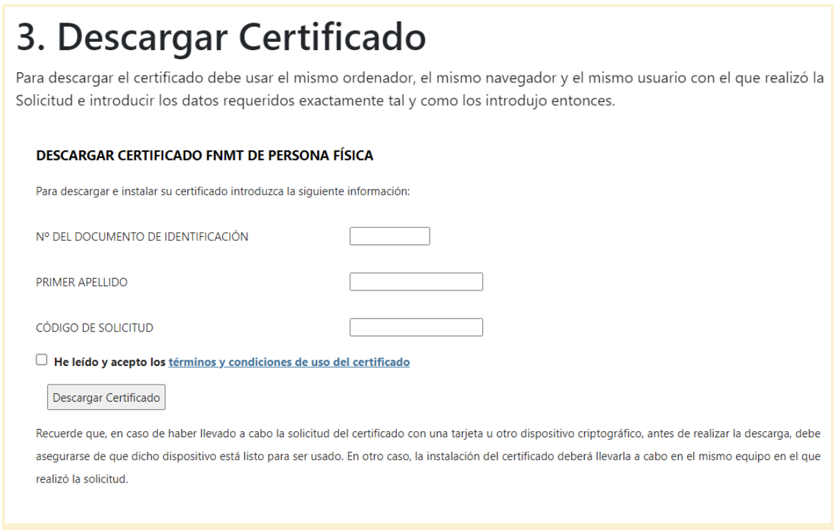 Pantalla donde se debe ingresar información como código de solicitud, apellido, número de documento de identificación para de descargar el certificado digital