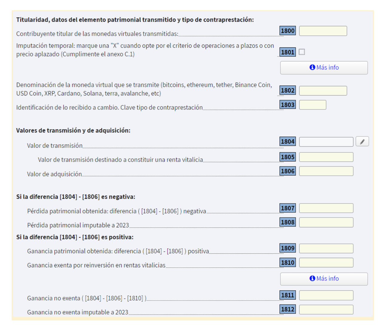En las casillas 1800 a 1814 de la renta el autónomo puede declarar sus criptomonedas cuando las venden o intercambian.