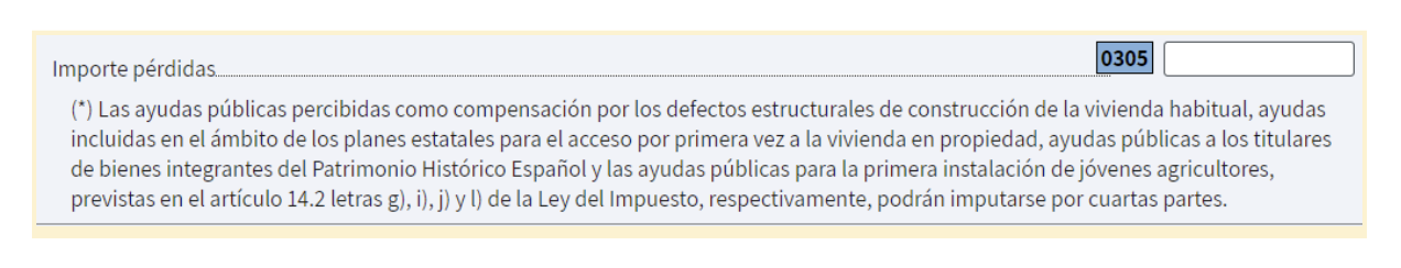 Pantalla donde el autónomo que desea declarar sus criptomonedas visualizará la casilla 0305 de importes pérdidas como los robos.