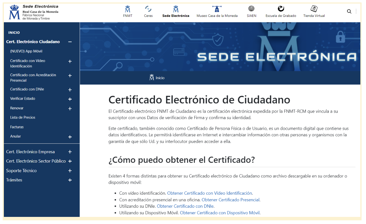 Pantalla de la sede electrónica de la Real Casa de la Moneda, donde se explica para que sirve el Certificado Digital