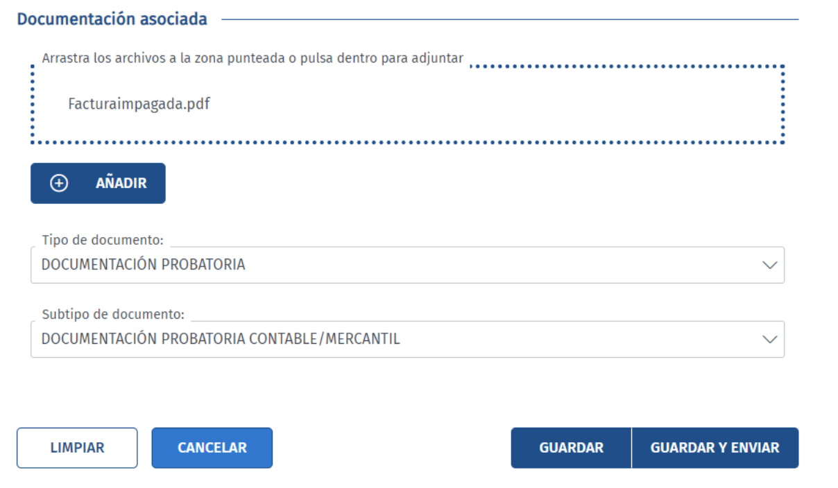 Pantalla de la sede judicial electrónica donde el autónomo puede añadir documentación asociada al formulario del procedimiento monitorio.