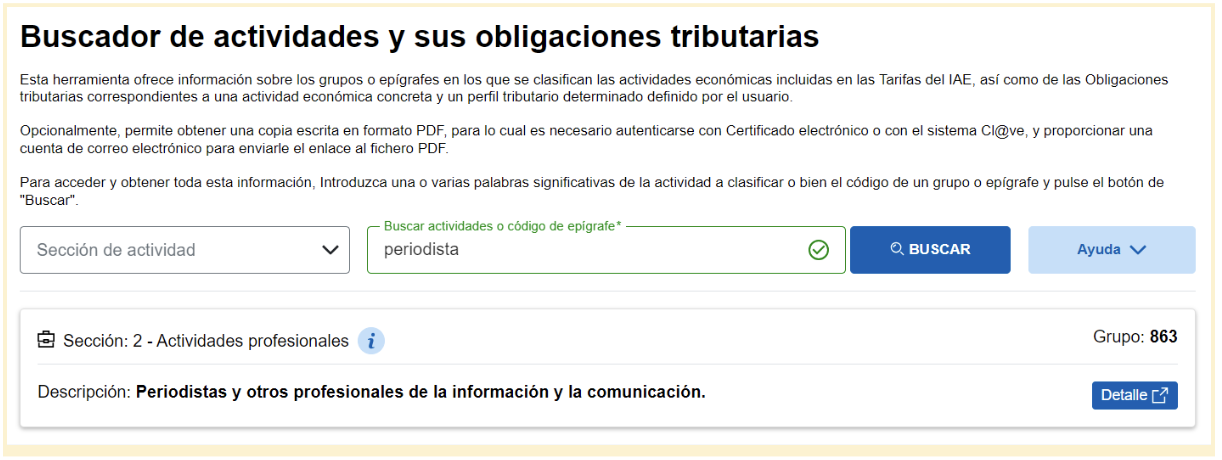 Pantalla del buscador de la Agencia Tributaria donde el autónomo encontrar su actividad y sus obligaciones tributarias.