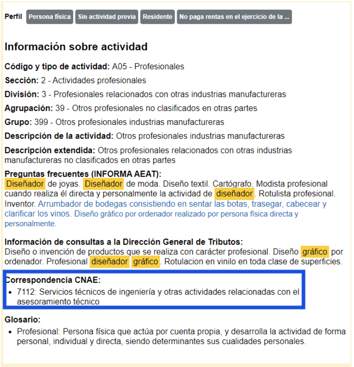 Pantalla de la Agencia Tributaria que muestra la Información sobre la actividad del autónomo y se señala la