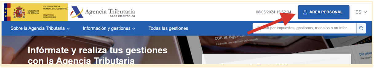 Pantalla de la Agencia Tributaria donde se señala el botón