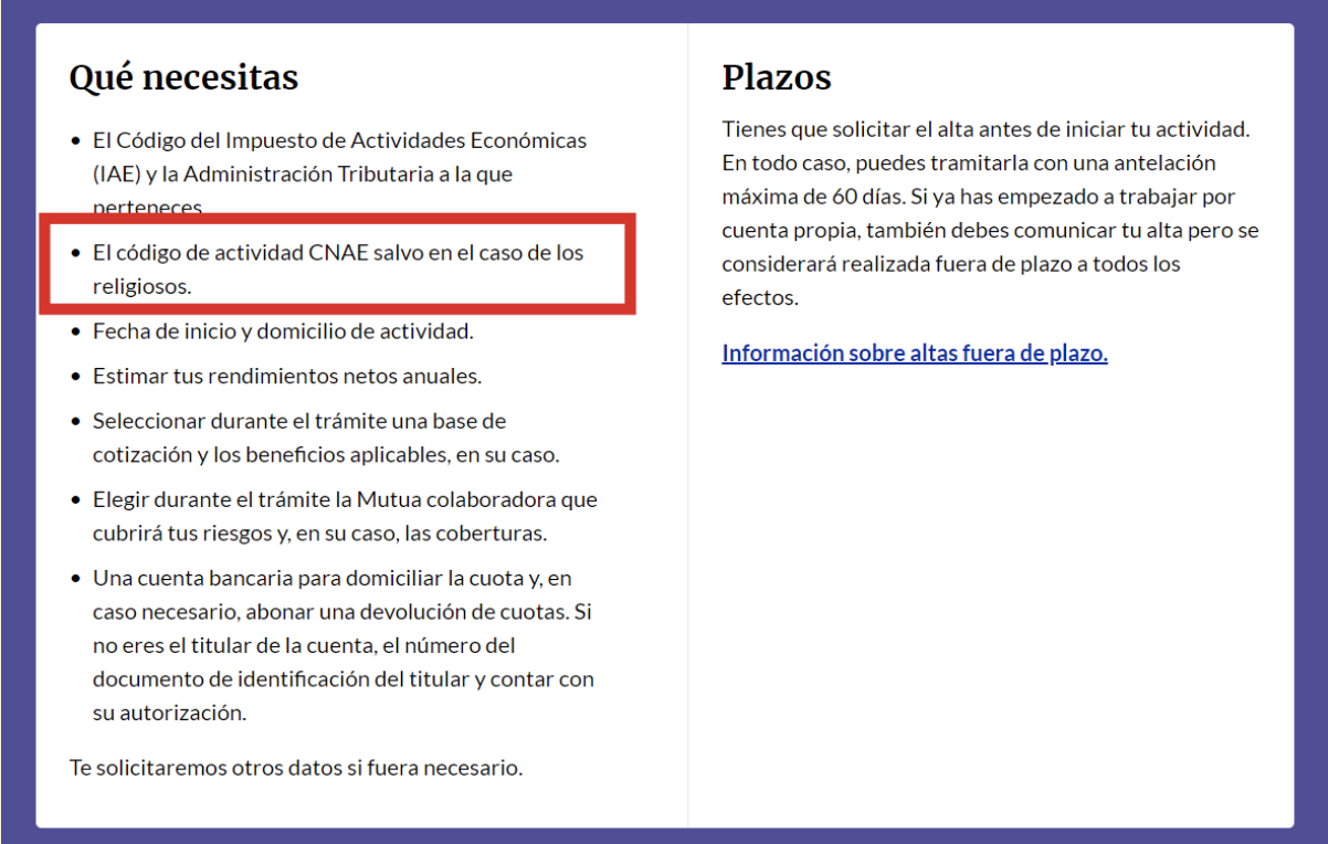 Pantalla de la plataforma de la Seguridad Social que muestra el listado de requerimientos, destacando el código CNAE como uno de los elementos solicitados para darse de alta como autónomo.