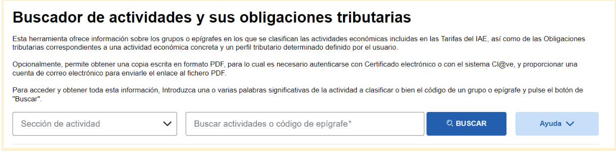 Pantalla de la página web de la Agencia Tributaria donde se muestra el Buscador de actividades económicas de los autónomos.
