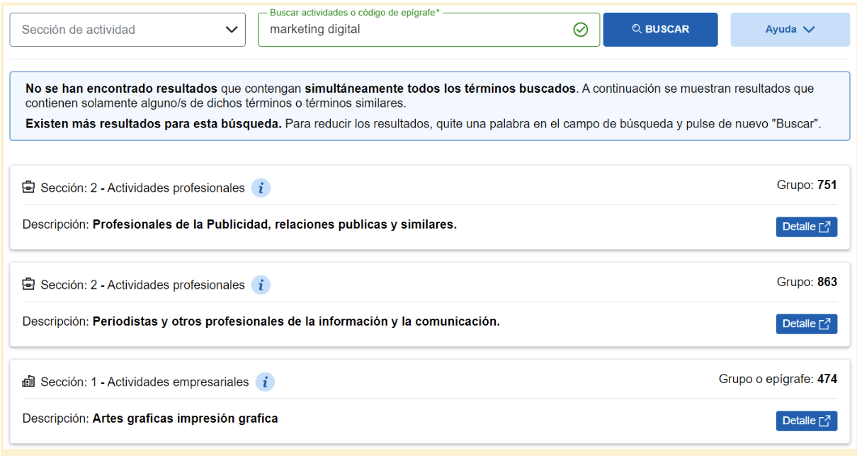 Pantalla del buscador de actividades económicas, donde el autónomo debe ingresar el nombre de su actividad para conocer el código CNAE correspondiente y así poder darse de alta en la Seguridad Social.